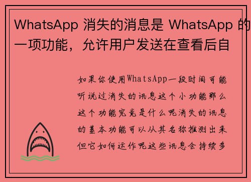 WhatsApp 消失的消息是 WhatsApp 的一项功能，允许用户发送在查看后自动删除的消息。这